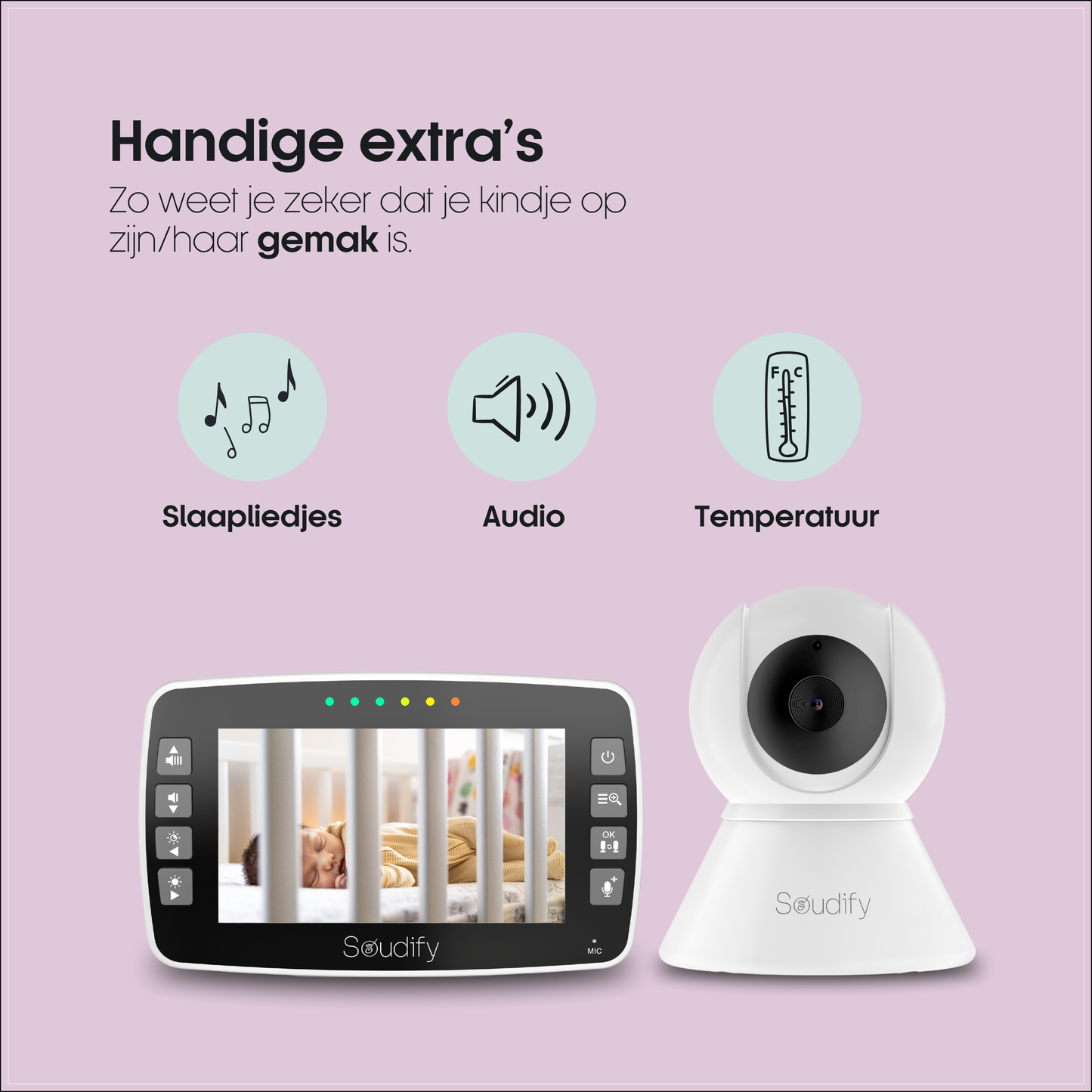 Soudify - 360 babyfoon met camera - Wit met zwart